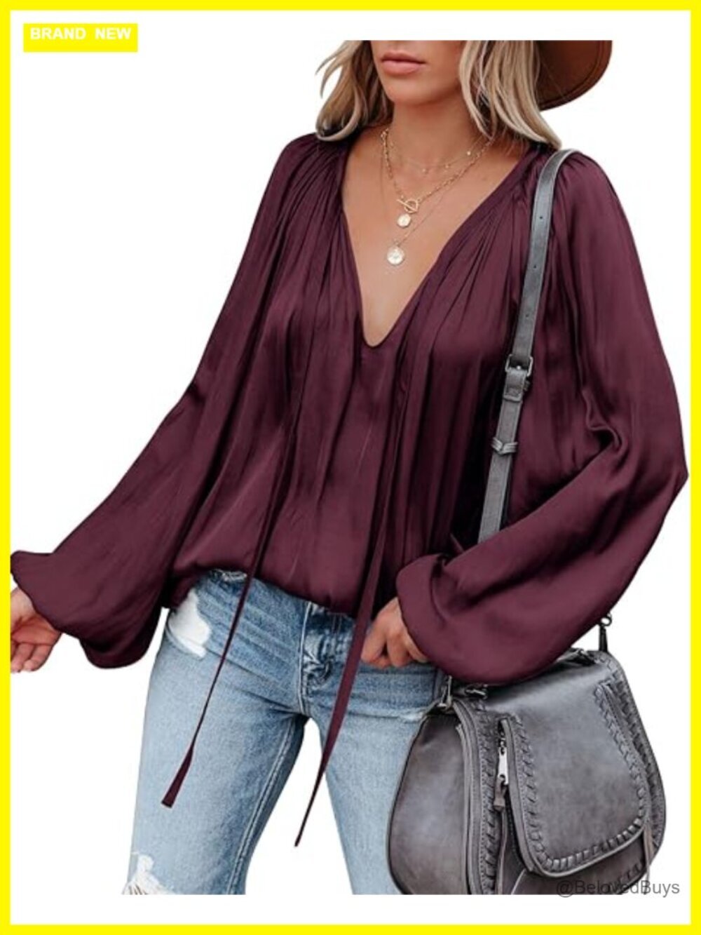 Womens Deep V Neck Button Down Blouse Lantern Long Sleeve Chiffon Tunic
